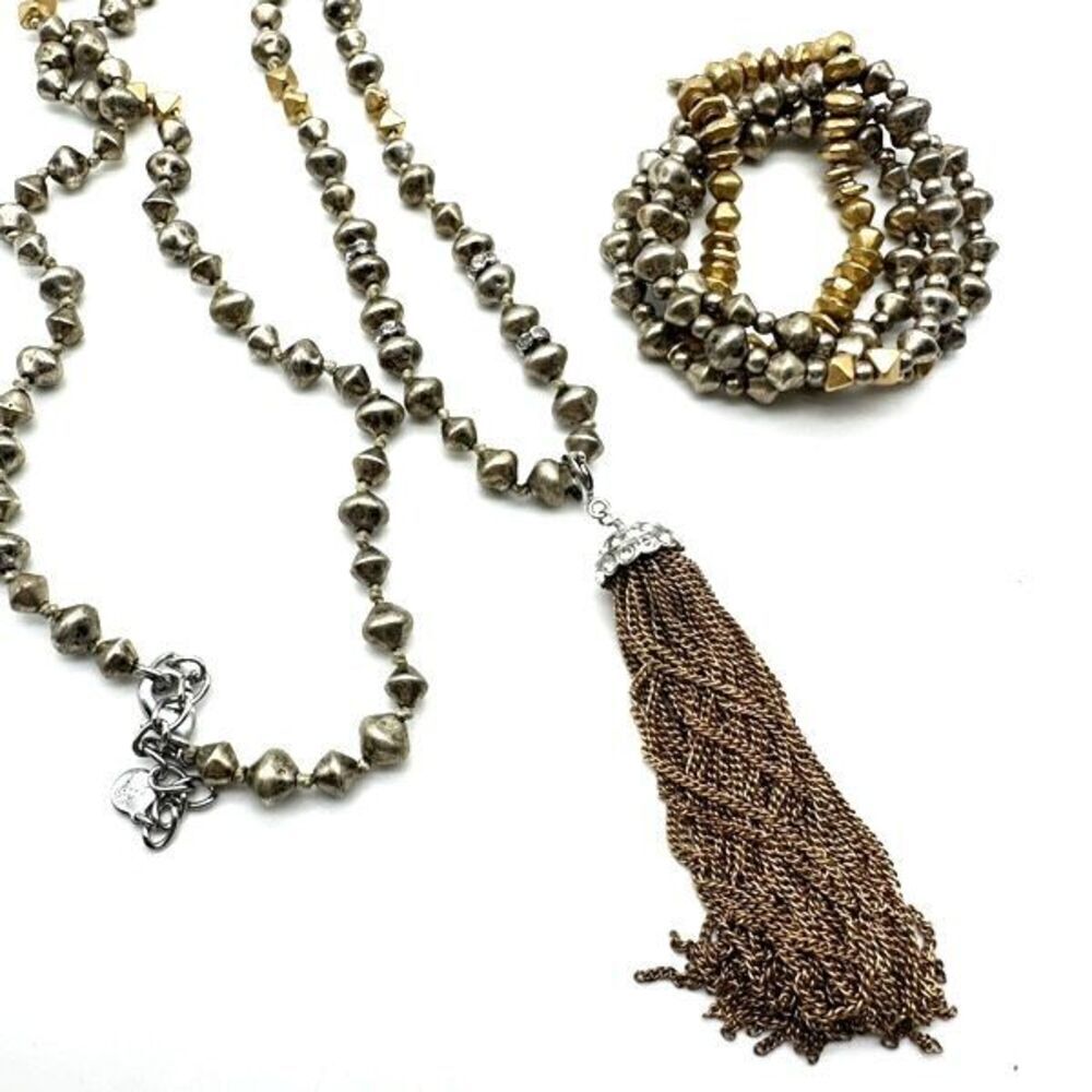 Stella and Dot Milana Necklace & stackable Pave bracelet Layering Silver Gold